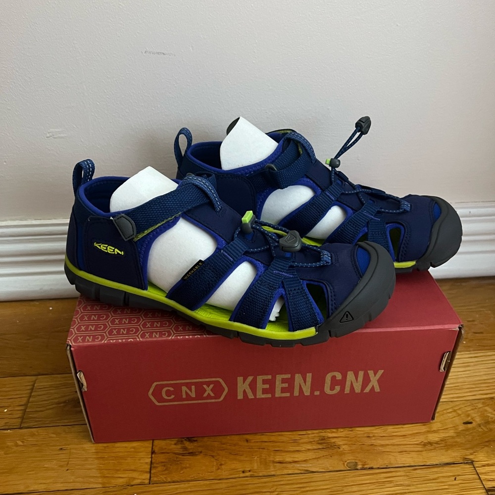 Keen Kids Seacamp II Sandal Water Sport Shoe Youth Sz 5 Navy Blue Chartreuse